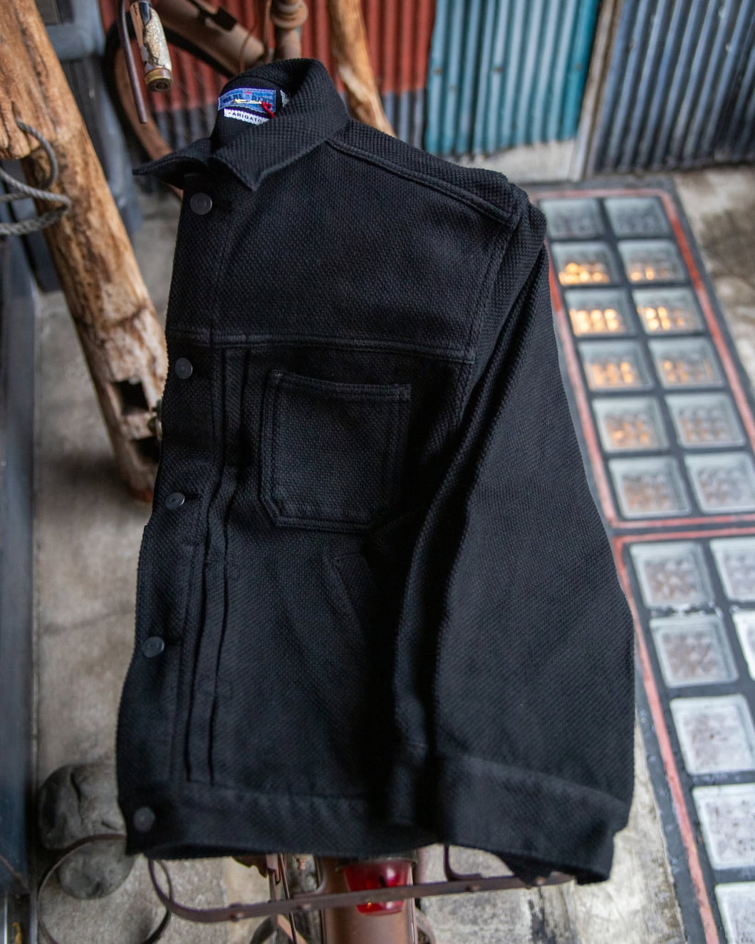 DOUBLE CLOTH SASHIKO DARK BLACK TRUCKER JACKET