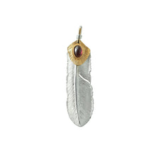 將圖片載入圖庫檢視器 Feather Natural Silver Color Left Facing Pendant with Garnet and 24K Gold Plated Heart
