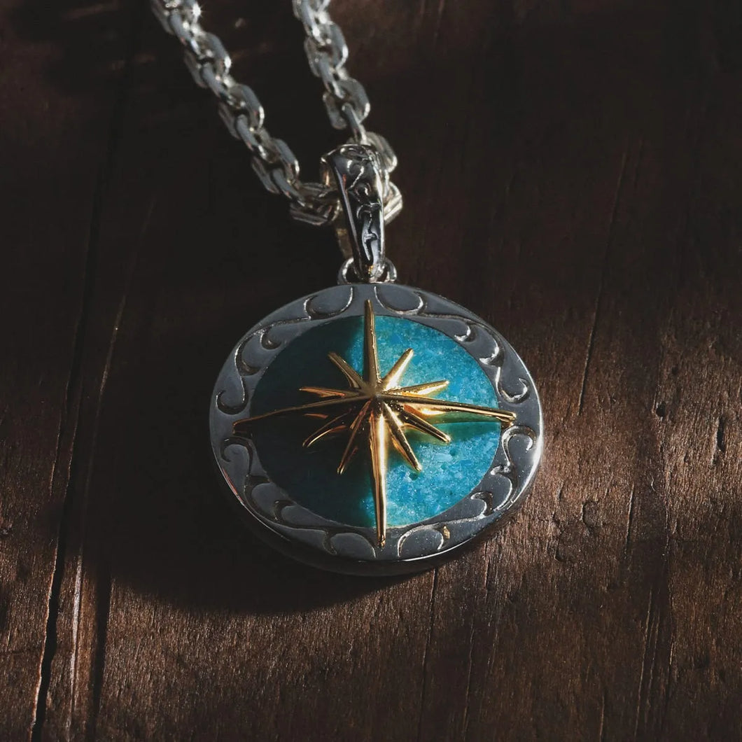 Kingman Turquoise Sun Symbol and Arabesque 24K Gold Plated Pendant