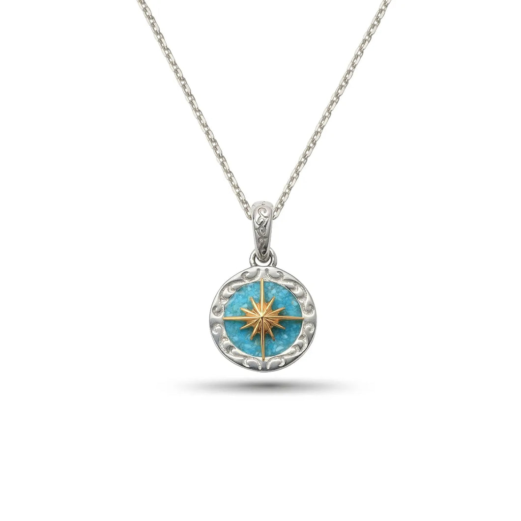 Kingman Turquoise Sun Symbol and Arabesque 24K Gold Plated Pendant, Small